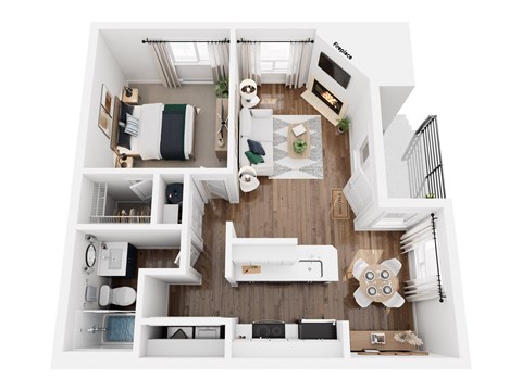 Floor plan for 1 bed, 1 bath, 715 sqft